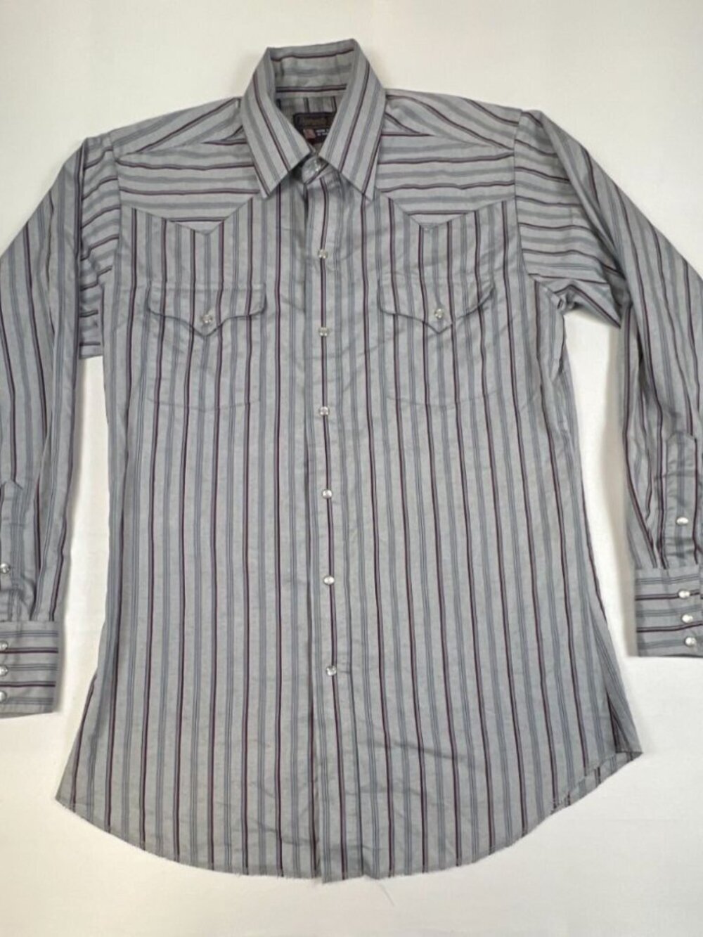 Panhandle Slim Men 15.5x34 Vintage Blue Burgundy Striped Long Sleeve Pearl Snap